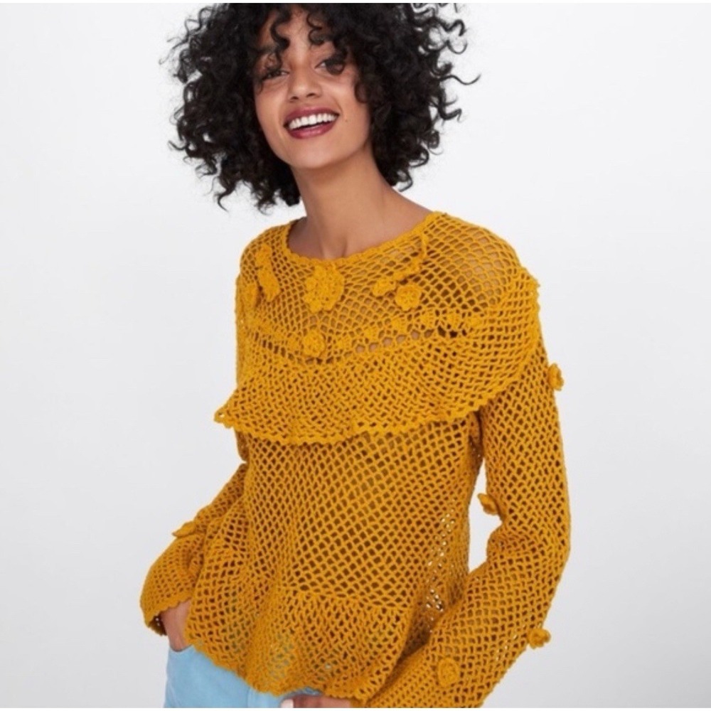 Zara Ruffled Crochet Open Knit Peplum Long Sleeve Top Mustard M Boho Festival